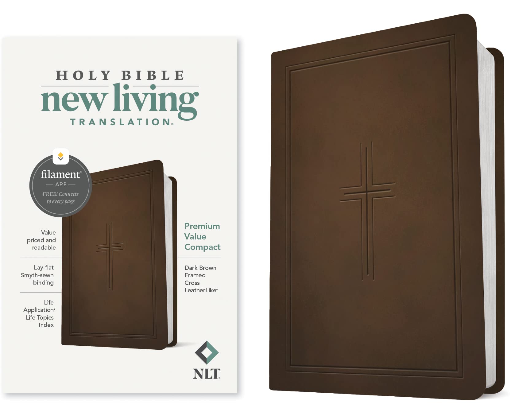 NLT Premium Value Compact Bible, Filament Enabled (LeatherLike, Dark Brown F…